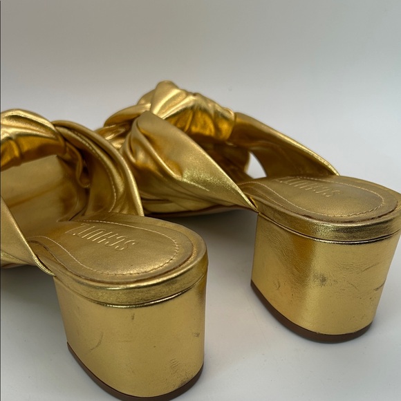 Schutz Dazzling Gold Block Heel Slide Mindy Mules Sandals Shoes **Size 7.5** 🌟🌟 - Picture 11 of 11